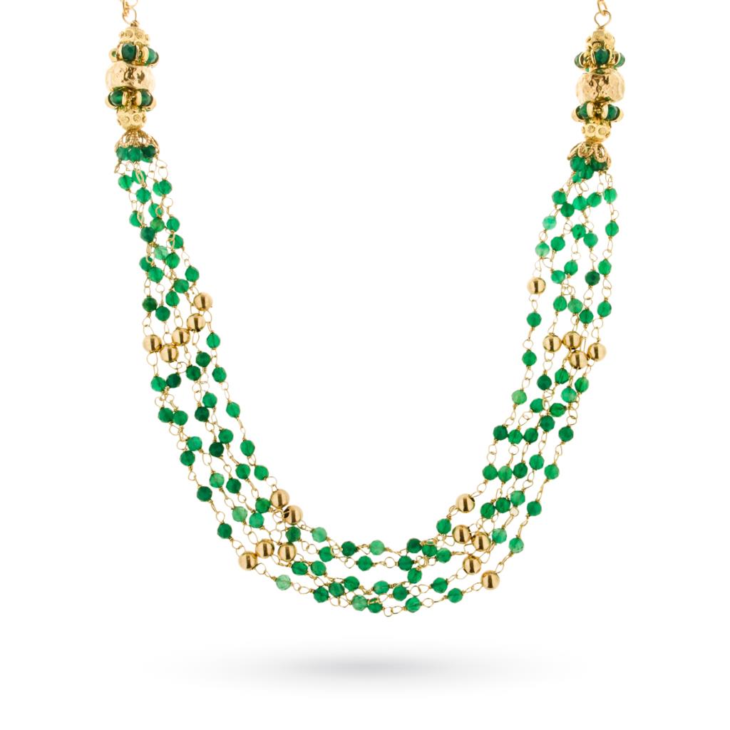 Necklace with threads of green gems in golden silver - GOLDEN CORALS
