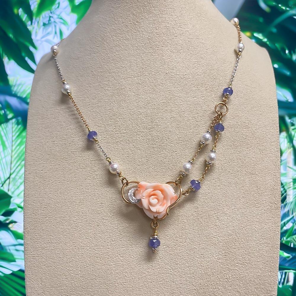  Collana oro girocollo rosa corallo diamanti 0,05ct - CICALA