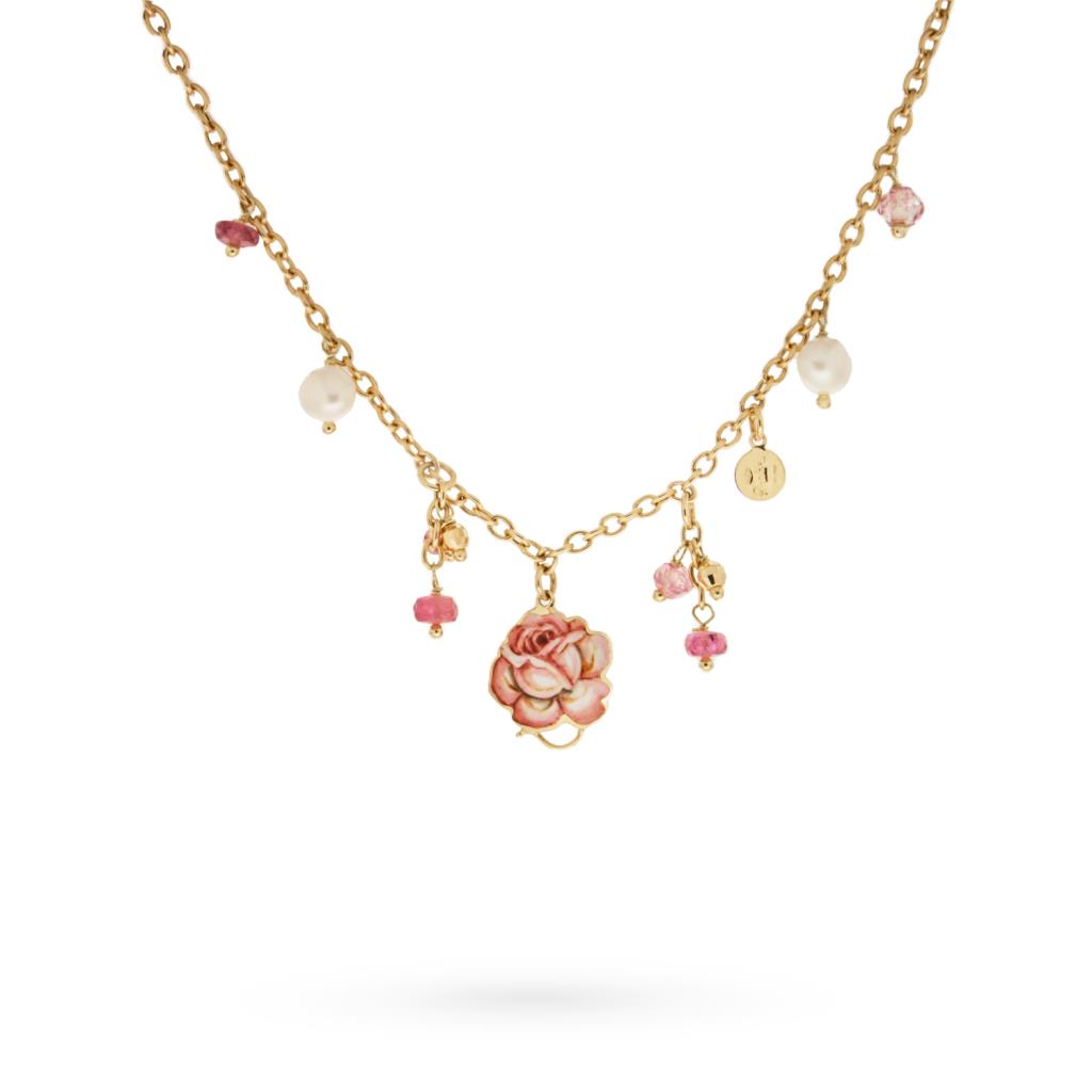 18kt gold necklace with enameled rose pearls and tourmalines - GABRIELLA RIVALTA