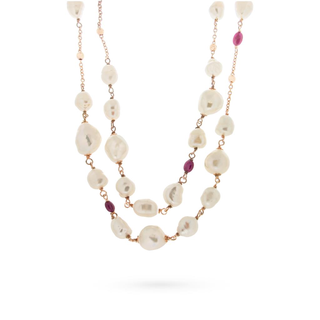  Long necklace in silver pearls and rubies 100cm - ETEREA