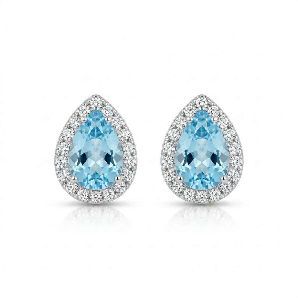 Orecchini a Lobo in Oro Bianco con Acquamarine a Goccia (1.29 ct) e Halo di Diamanti - CICALA