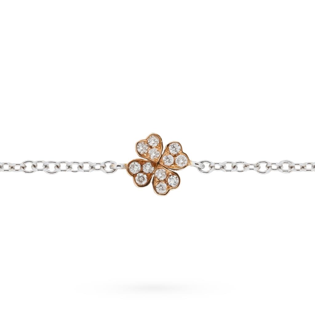 Rose white gold bracelet, four-leaf clover, diamonds 16.5cm - LENVAL