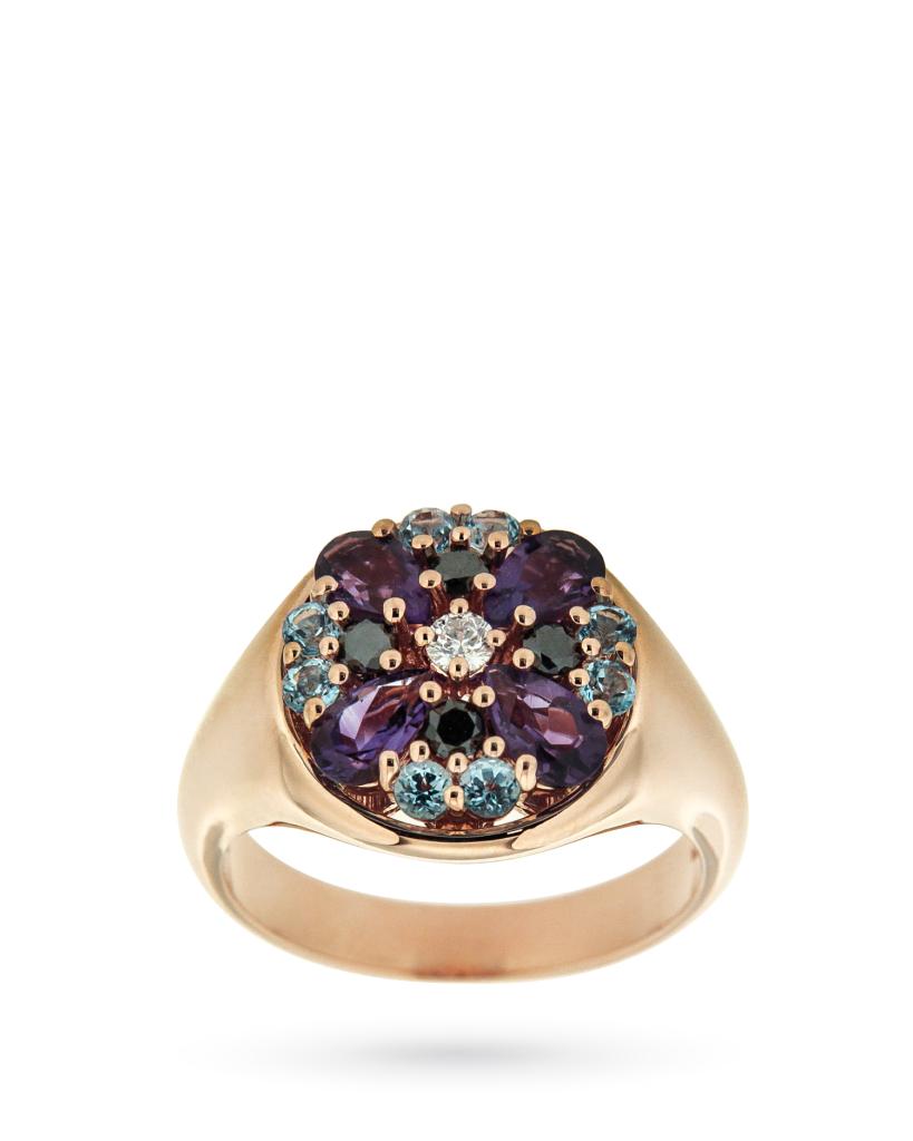 18kt rose gold ring with flower of amethyst, topaz and diamonds - ORO TREND