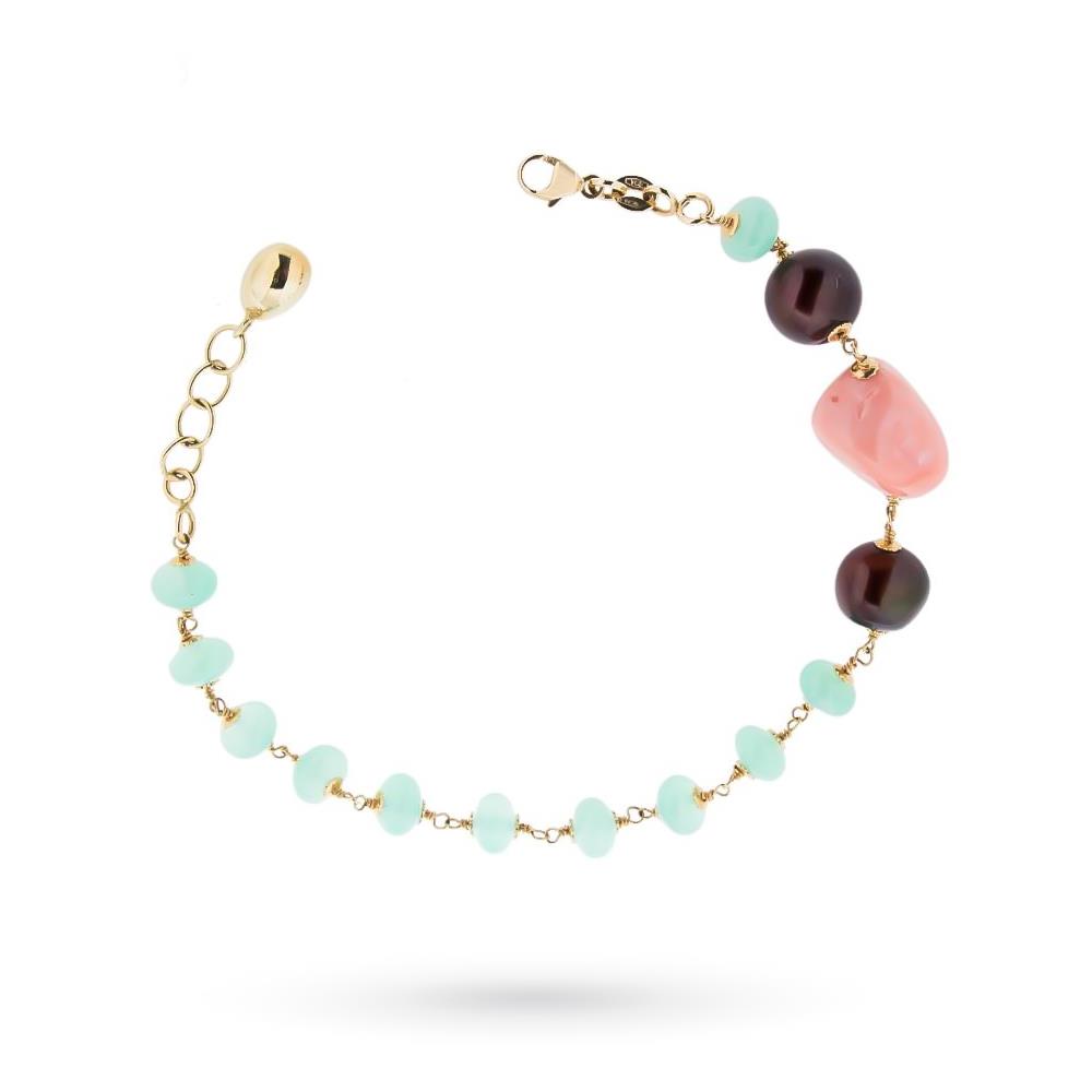 18kt yellow gold bracelet with chrysoprase, pink coral and chocolate pearls - UNBRANDED