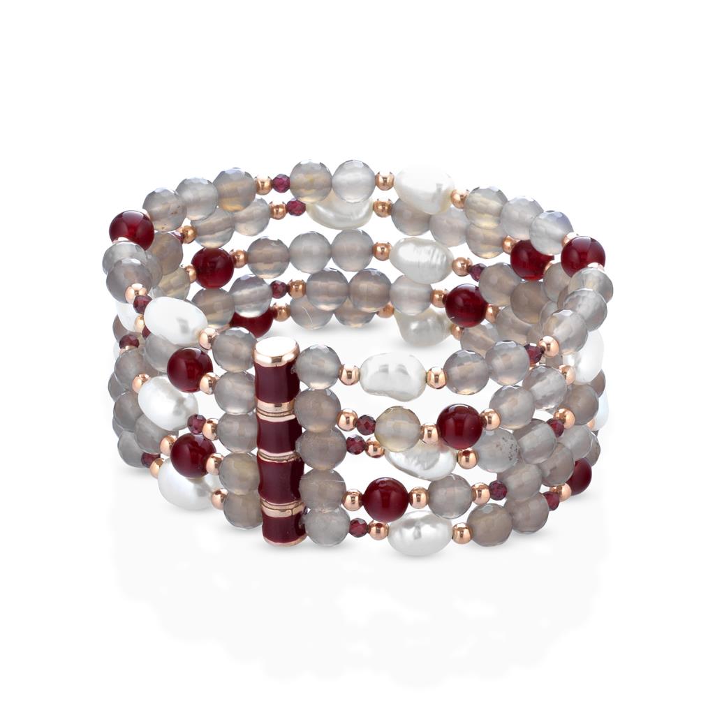 Elastic bracelet 5 strands agate, pearls, moonstone and red enamel - GLAMOUR BY LELUNE