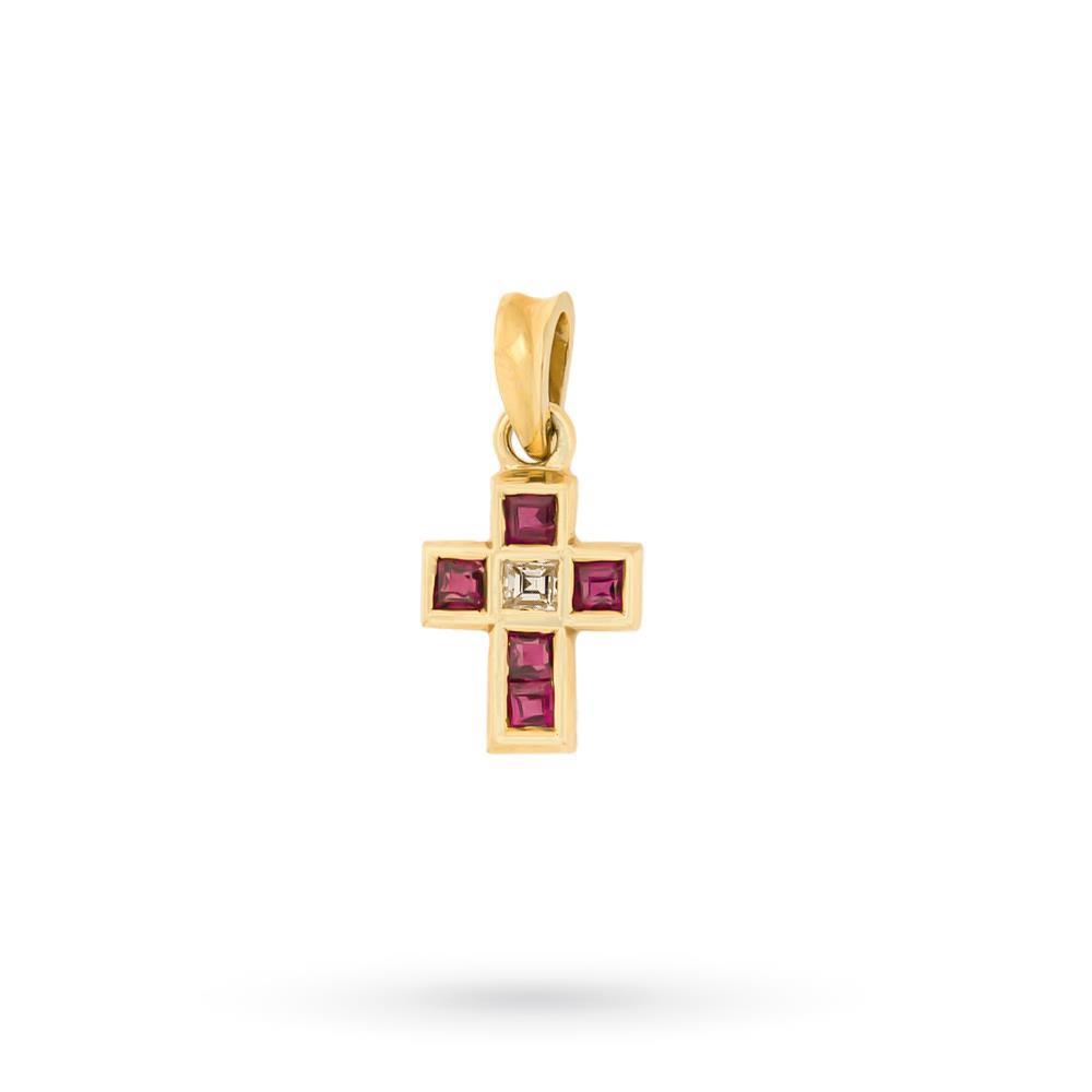Small yellow gold cross pendant rubies diamond - UNBRANDED