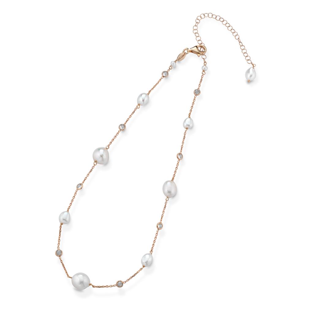 Pink silver necklace with zircons and white pearls 38cm - GLAMOUR