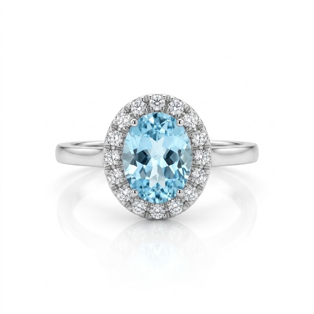 Anello Halo in Oro Bianco con Acquamarina Ovale (1,10 ct) e Contorno di Diamanti (0,145 ct) - CICALA