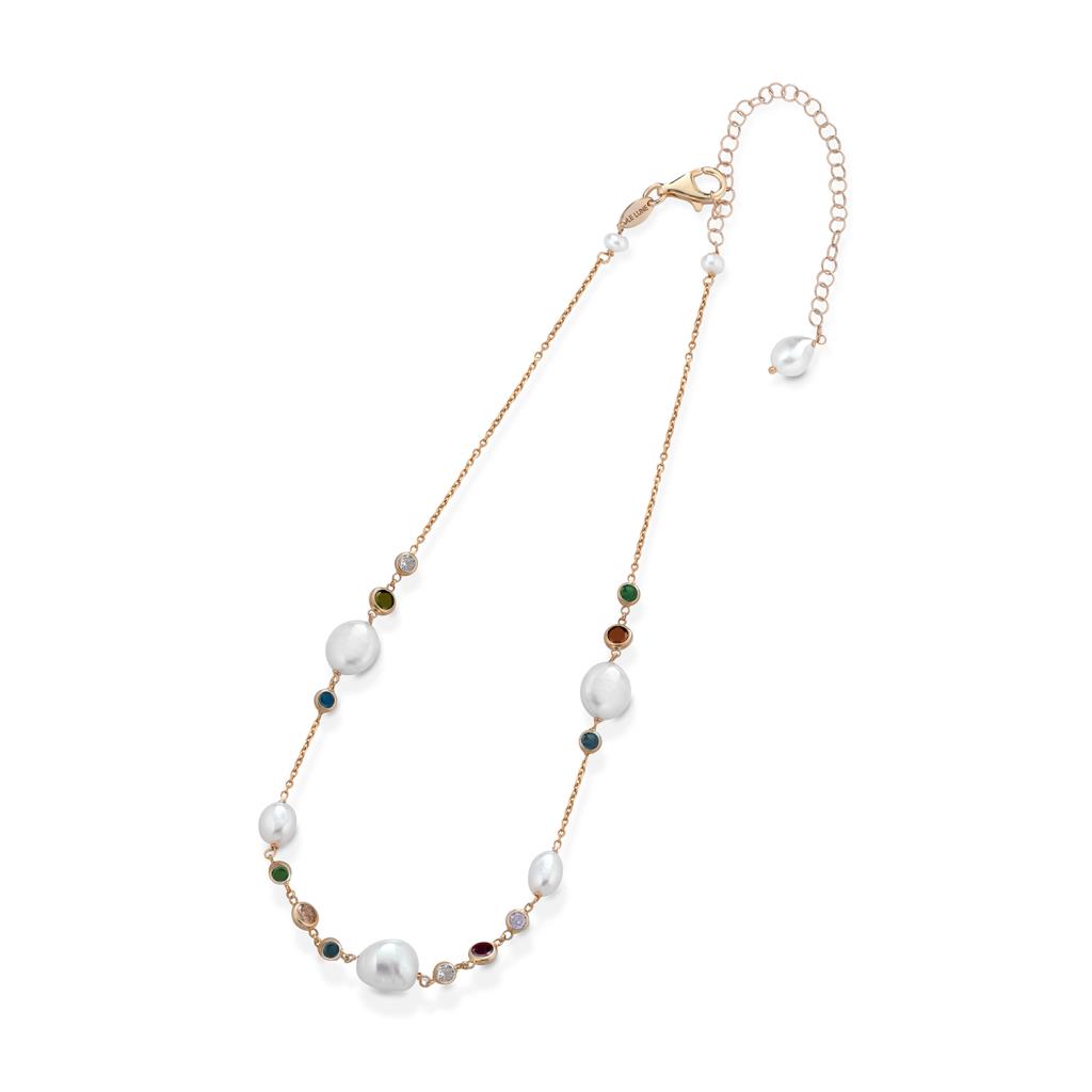 Pink silver necklace with colored zircons and white pearls 38cm - GLAMOUR