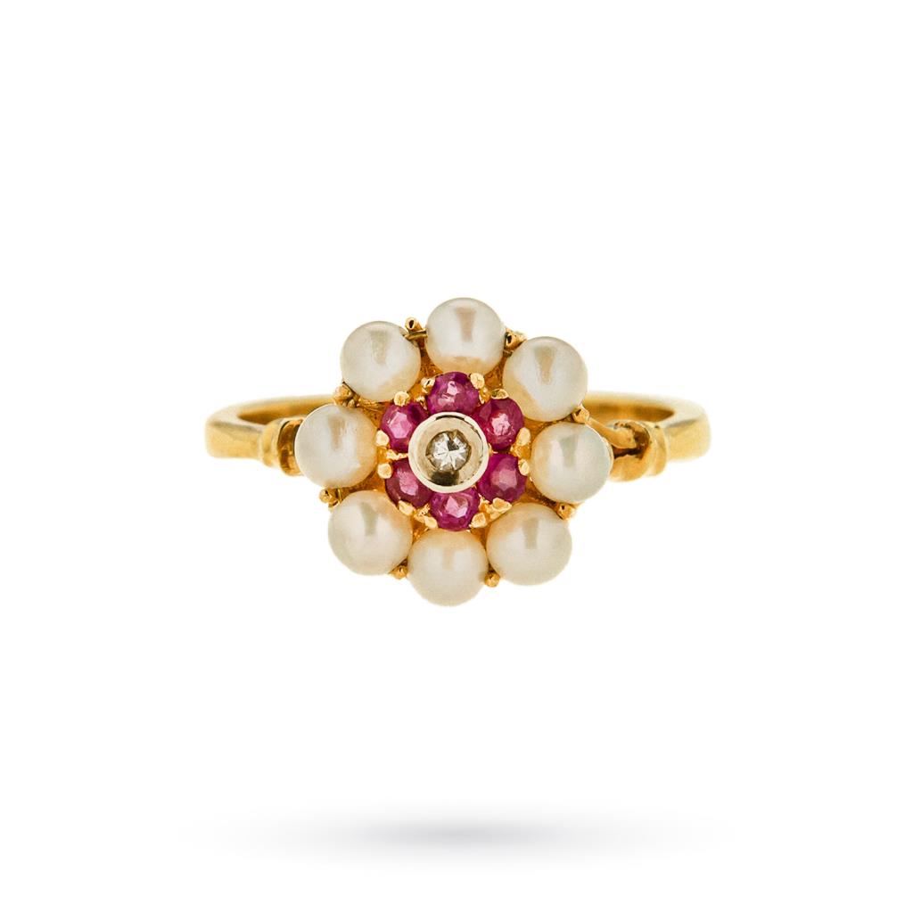  Anello vintage oro giallo fiore perle gemme rosa - 