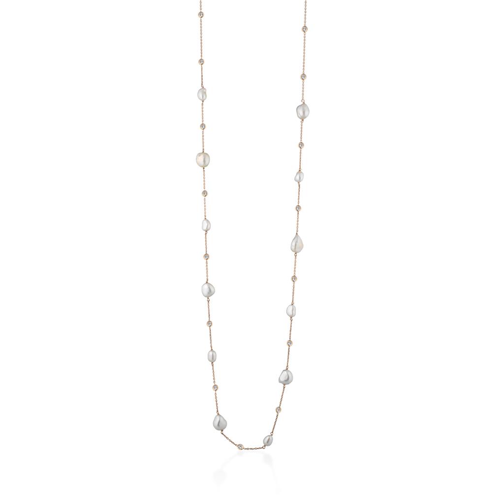 Collana argento rosa zirconi e perle 90cm - GLAMOUR