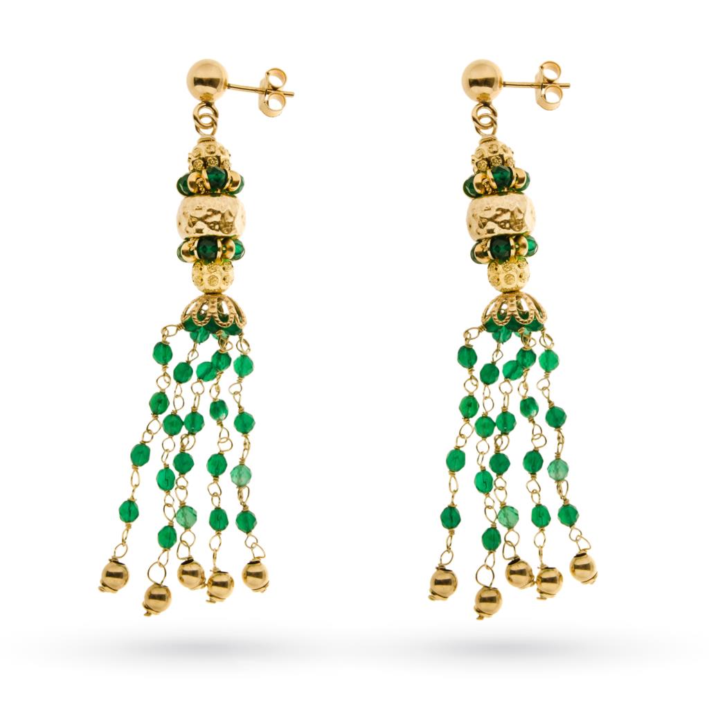 Drop earrings in golden silver with tufts of green quartz - GOLDEN CORALS