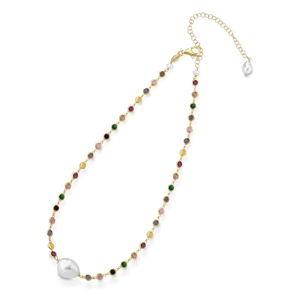 Gilded silver necklace with colored zircons and central pearl - GLAMOUR
