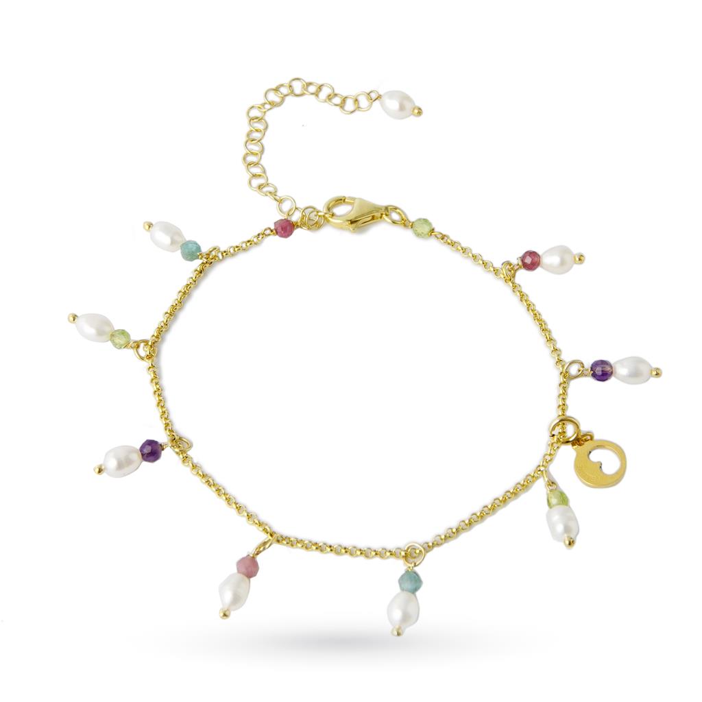 Anklet gilded silver freshwater pearls multicolor stones - GLAMOUR
