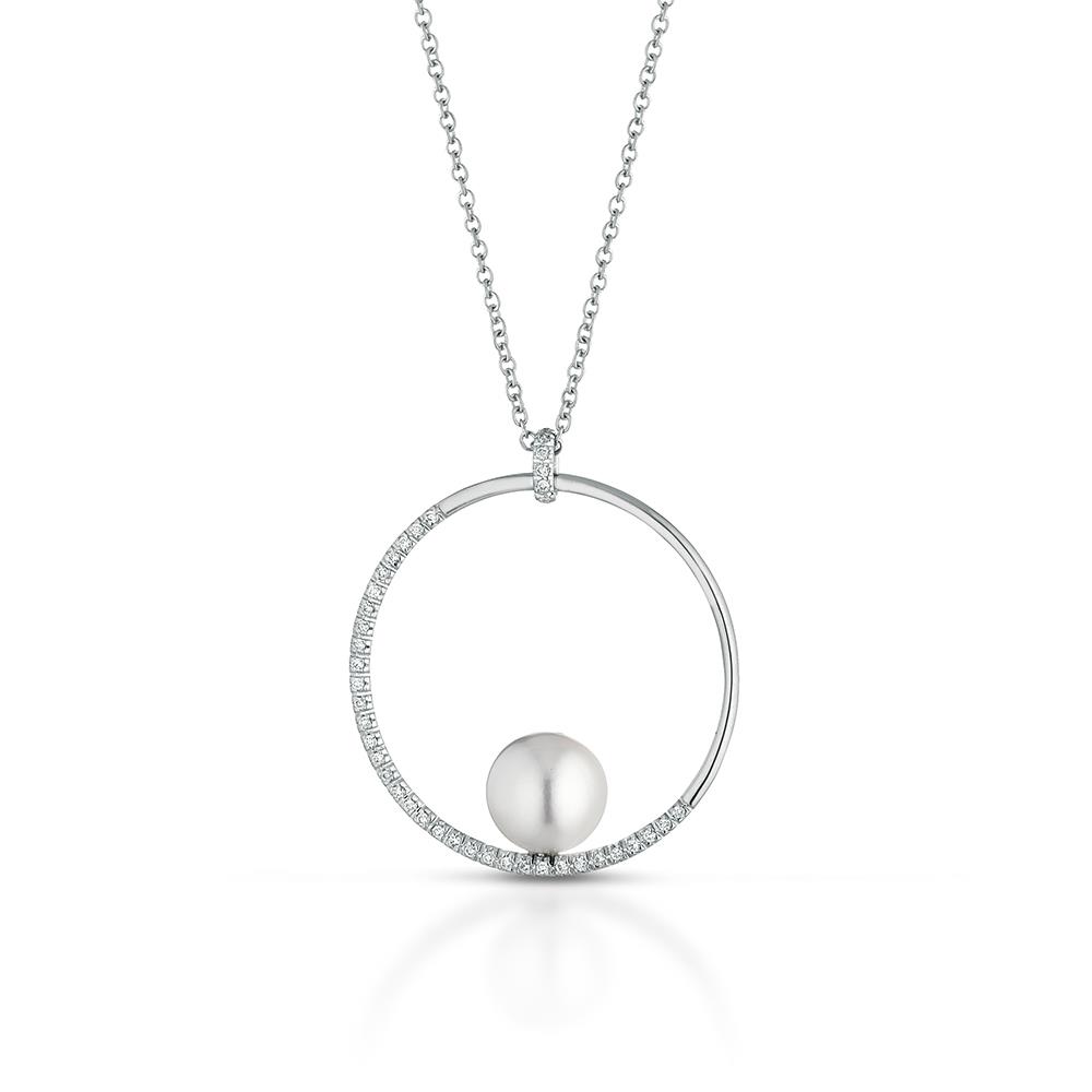 Gold circle pendant necklace with Ø 9mm pearl and diamonds - COSCIA