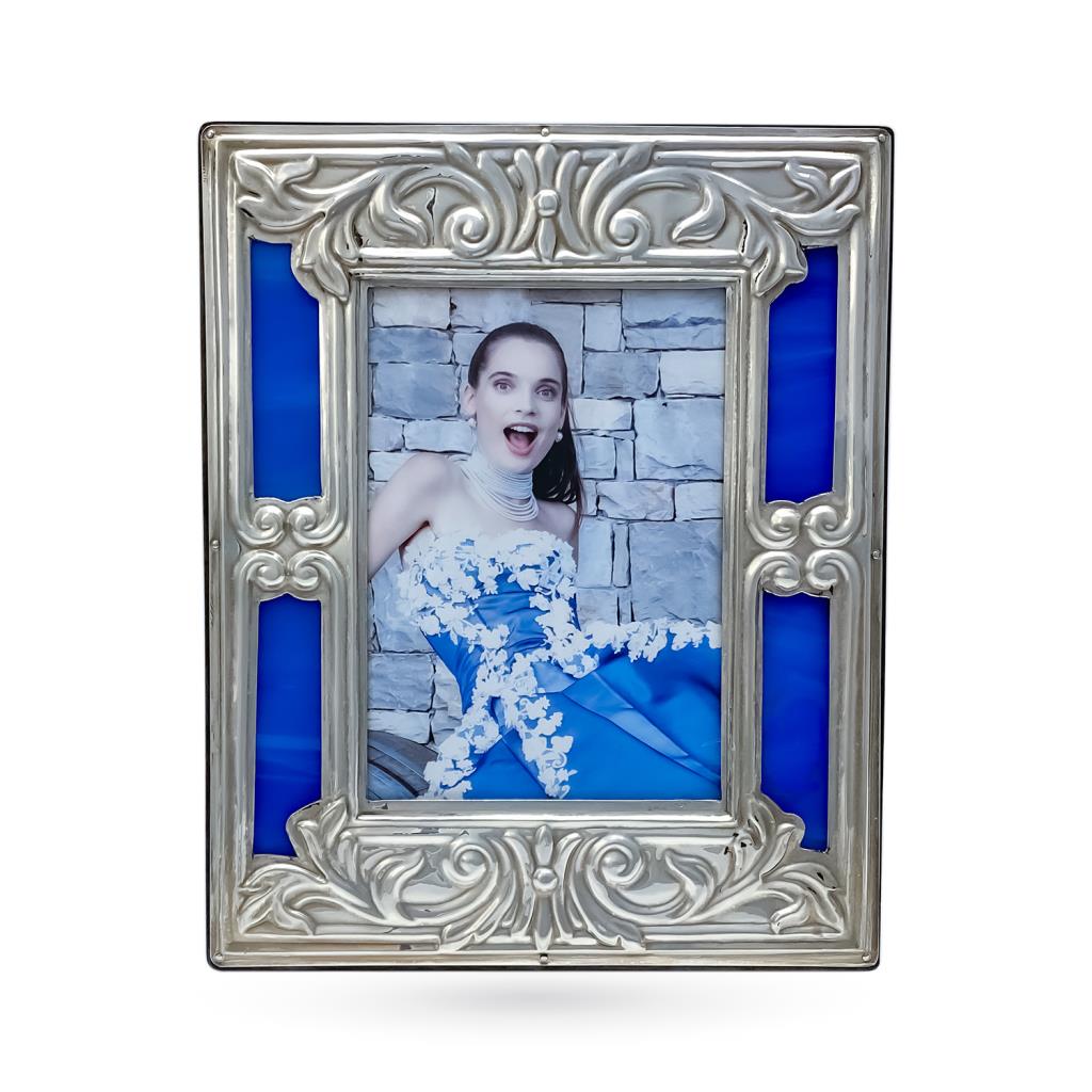 Cornice portafoto argento 9x13cm vetro di Murano blu - LUSSO ITALIANO
