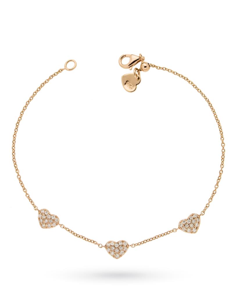 18kt rose gold rolo chain bracelet with small hearts and diamonds - CICALA