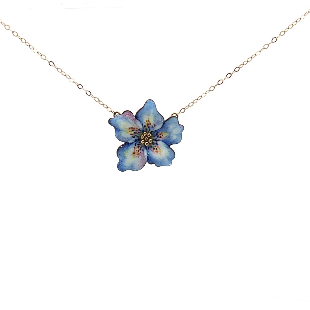 Gabriella Rivalta 18kt gold necklace with hand-painted blue enamel flower pendant.