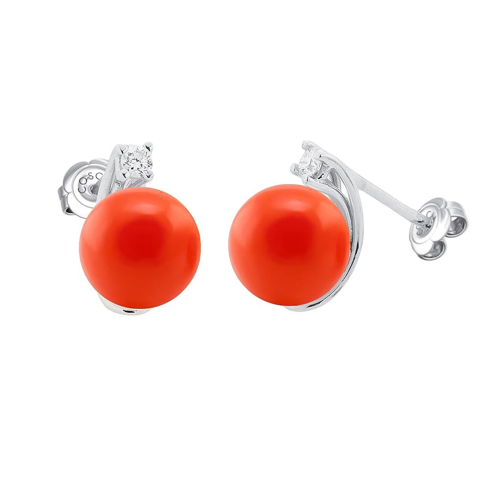 Earrings with Mediterranean red coral Ø 8,5mm and diamonds - COSCIA