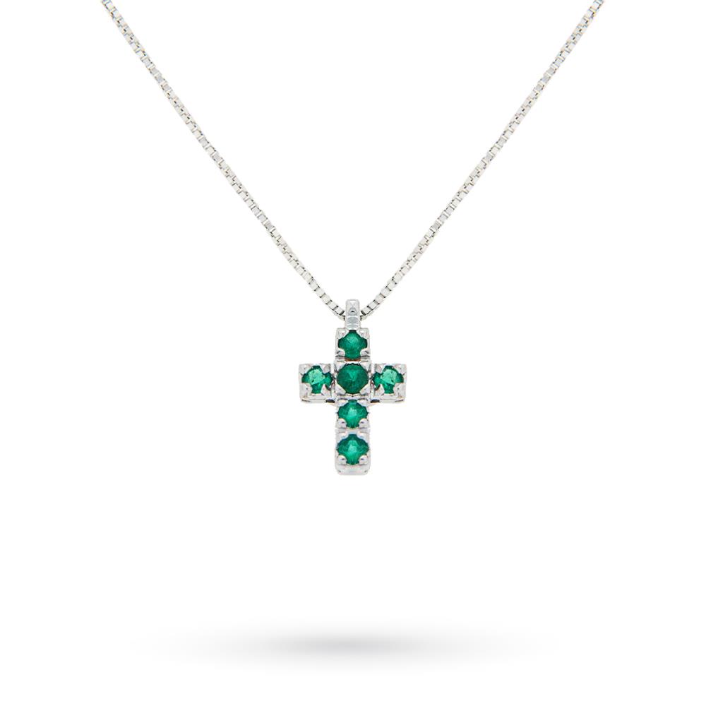 Natural emerald cross necklace in 18kt white gold - QUAGLIA