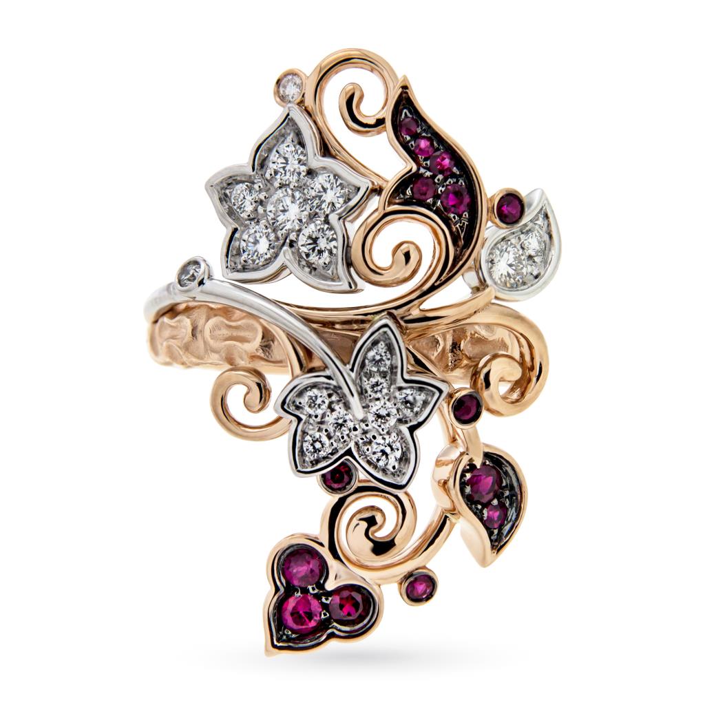 18kt rose gold ring with diamonds and ruby flowers - ORO TREND