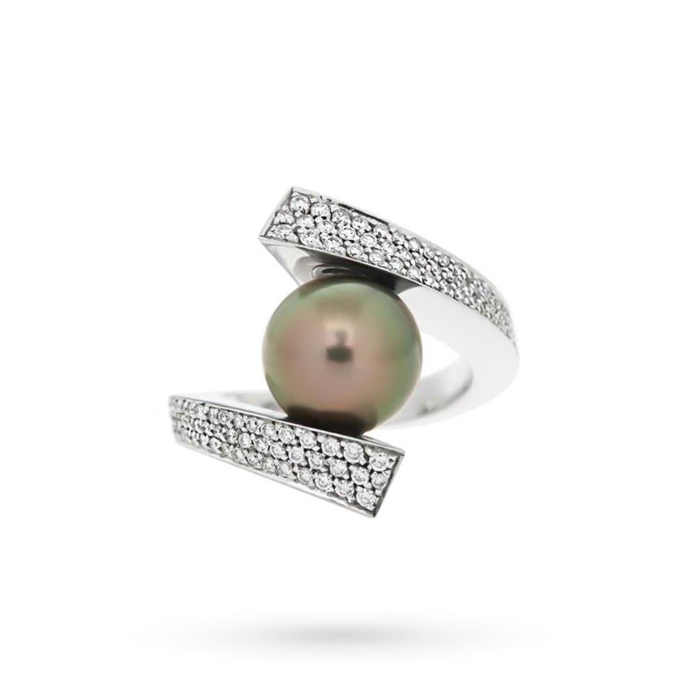 Ring with black pearl and diamonds in 18kt white gold - GIORGIO VISCONTI