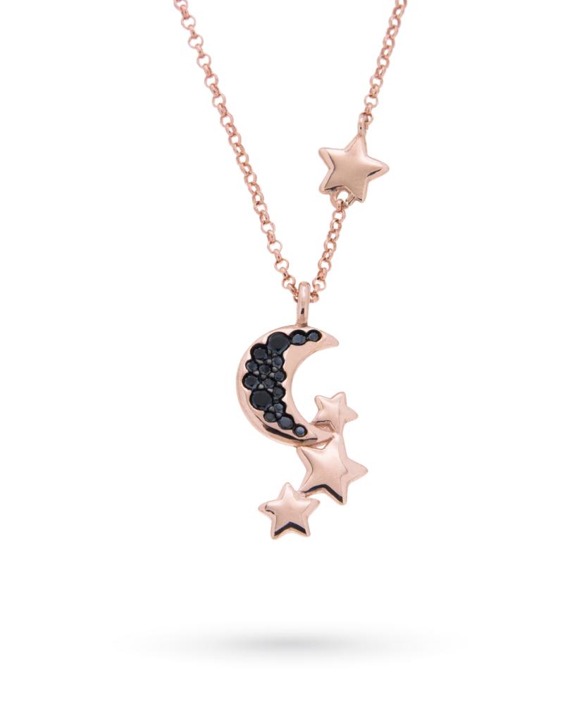Girocollo in argento rosa con luna e stelle e zirconi neri - AMÈLIE