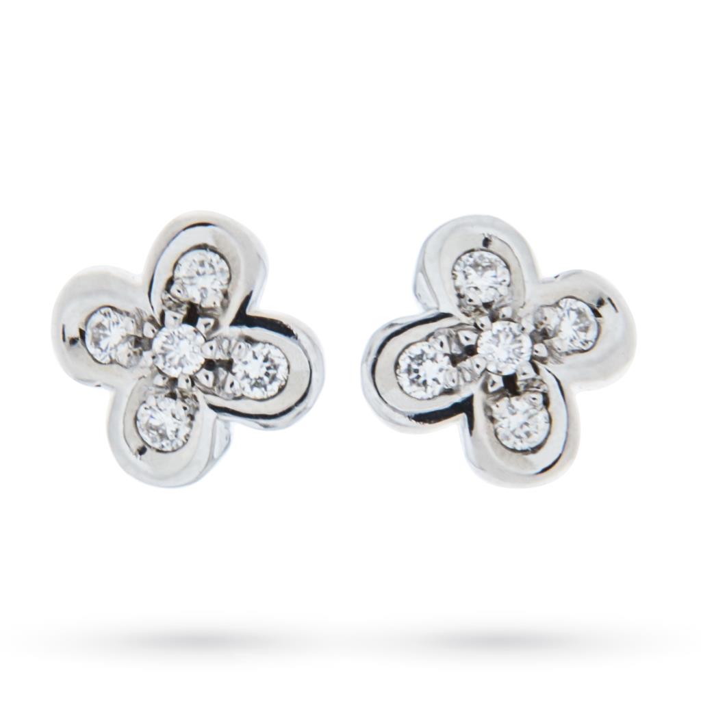 Orecchini a lobo con quadrifoglio in oro bianco con diamanti  - LUSSO ITALIANO