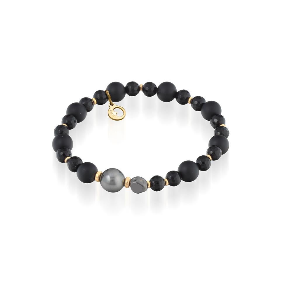 Bracciale elastico argento dorato agata nera perla Tahiti - GLAMOUR
