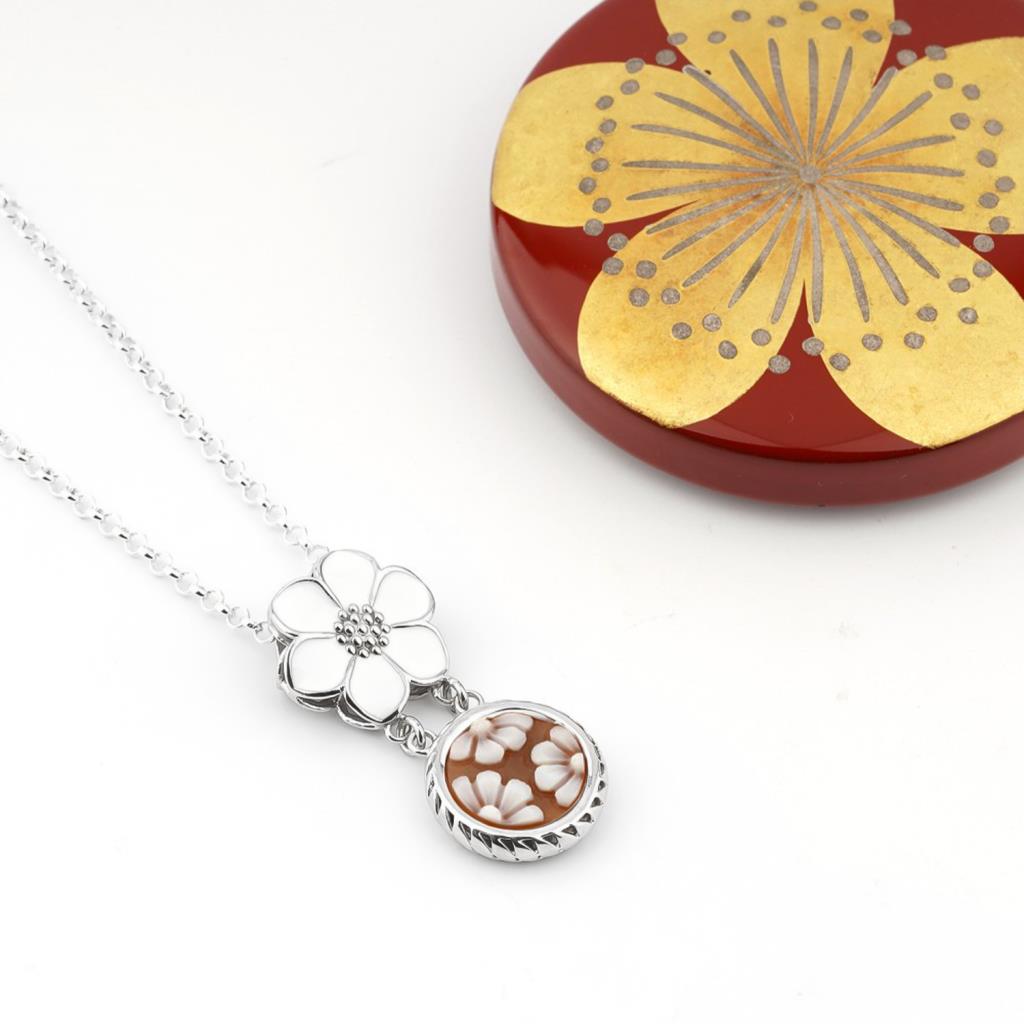  Silver pendant cameo flowers engraved white enamel - CAMEO ITALIANO