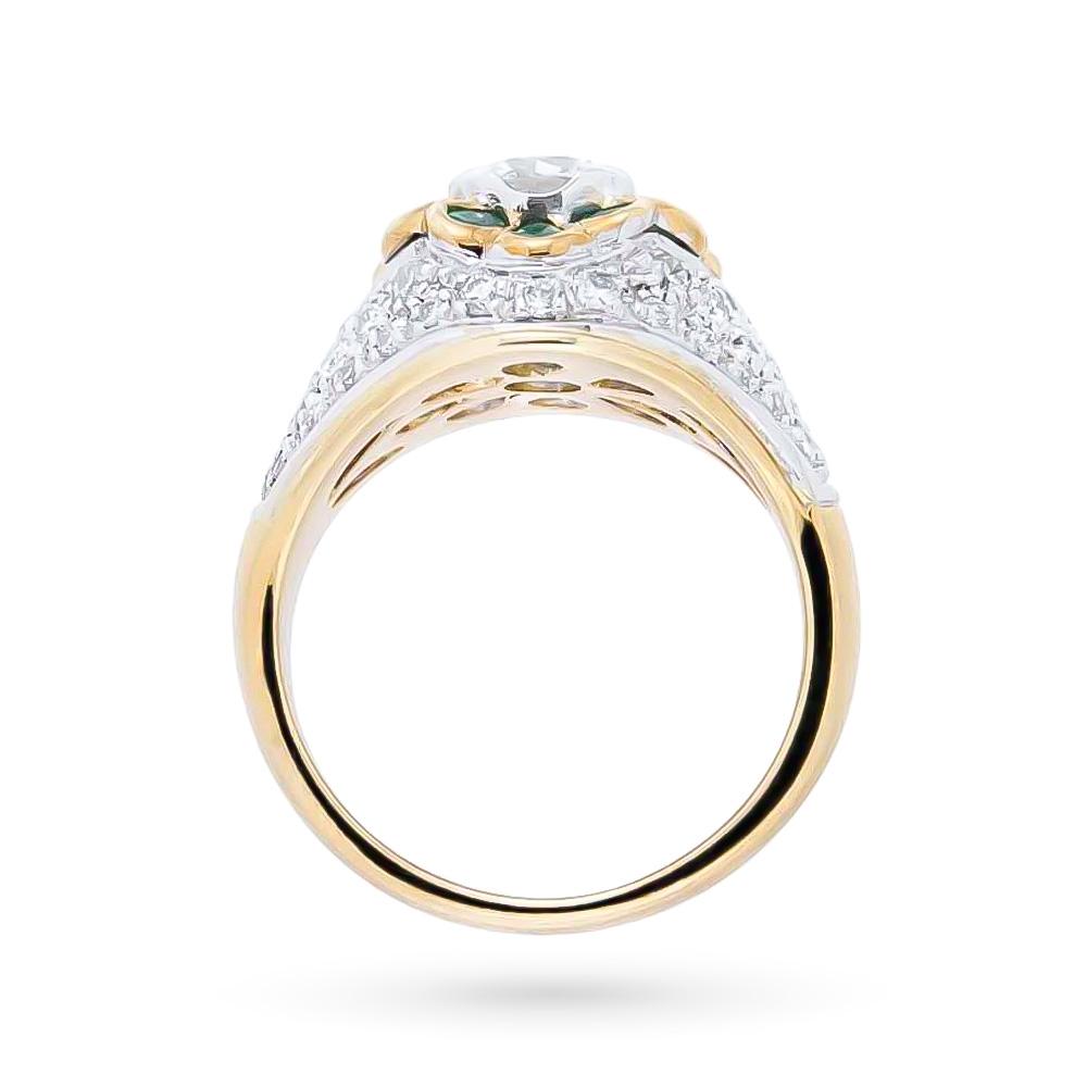  Anello fascia oro giallo bianco fiore smeraldi 0,75 diamanti 1,32ct - CICALA