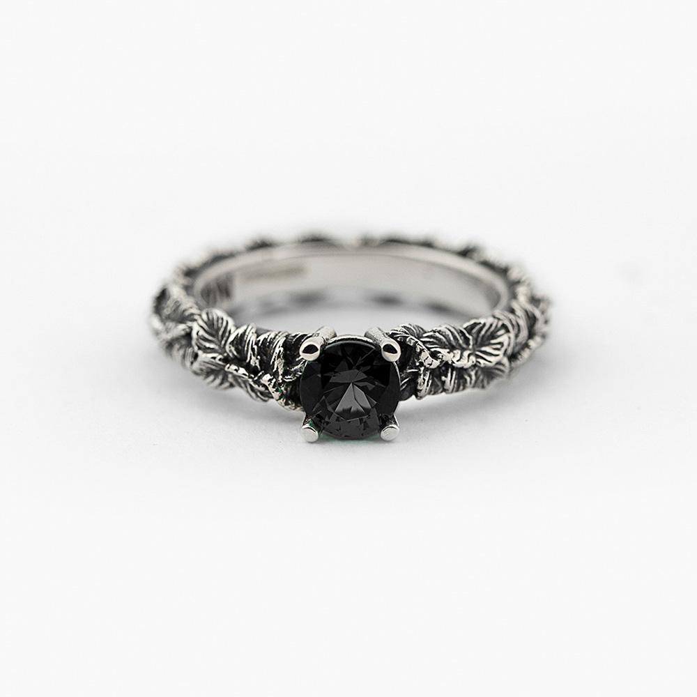 Solitaire ring leaves zircon black polished burnished silver Nove25 - NOVE25