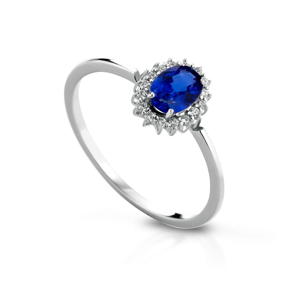 Anello con zaffiro blu 0,65ct e contorno di diamanti 0,07ct - LELUNE
