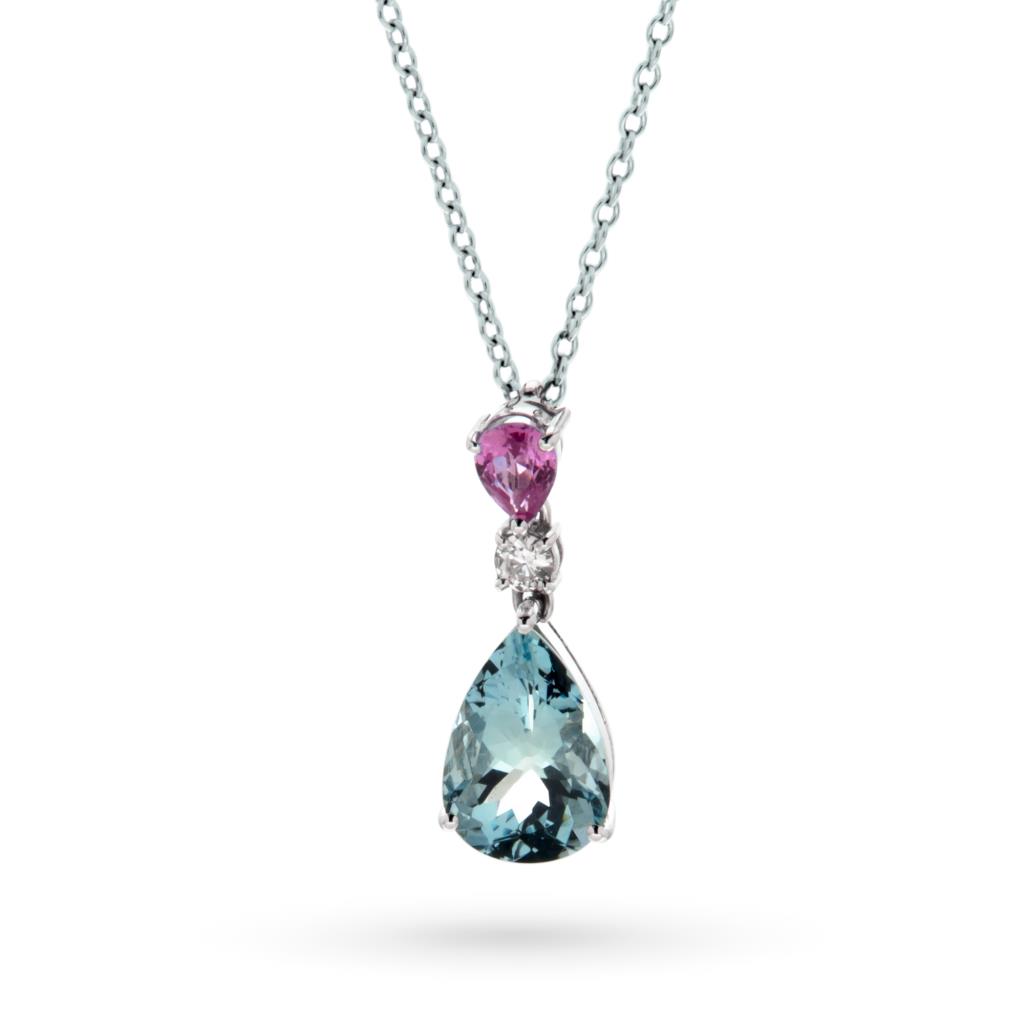 White gold necklace with pink sapphire and diamond aquamarine drop - CICALA