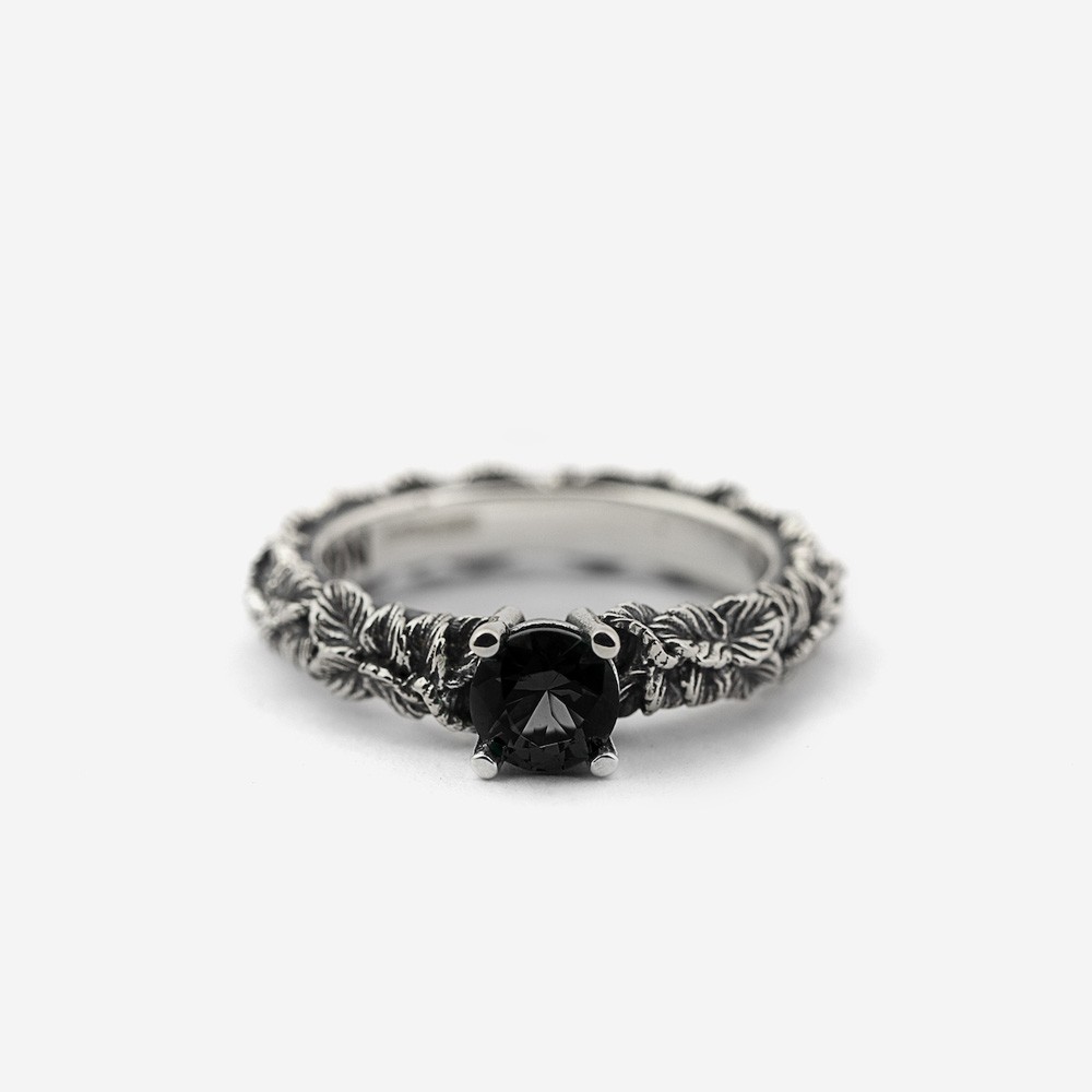  Fedina solitario foglie zircone nero argento brunito lucido Nove25 - NOVE25